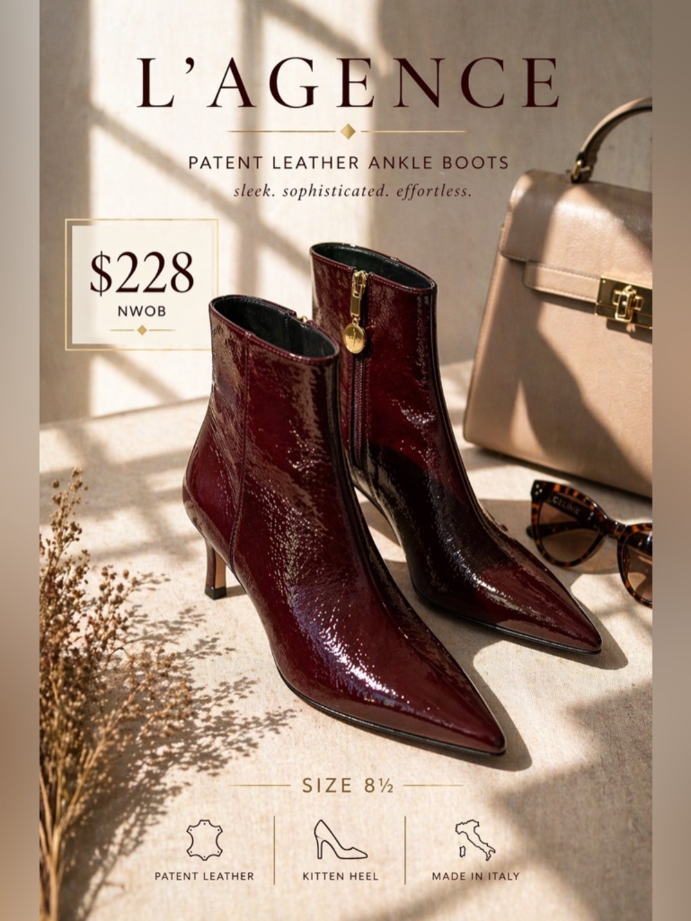 L’AGENCE Burgundy Patent Leather Pointed Toe Ankle Boots 8.5